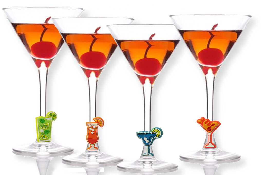 Detachable cocktail badge can be used as glass marker on stemware.