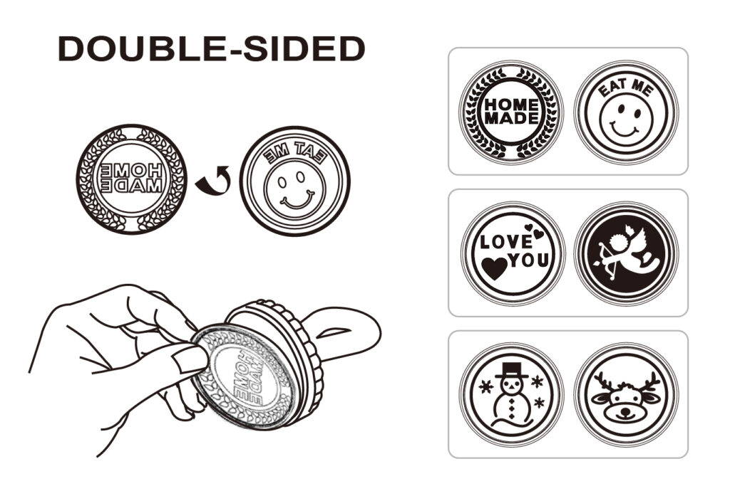 6 lovely & adorable cookie stamp designs- “HOME MADE”, “LOVE YOU”, “EAT ME”, Snowman, Cupid, and Reindeer.