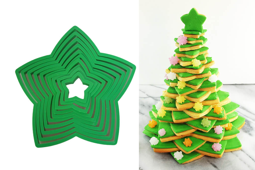 10 star cookie cutters and cookie Christmas tree