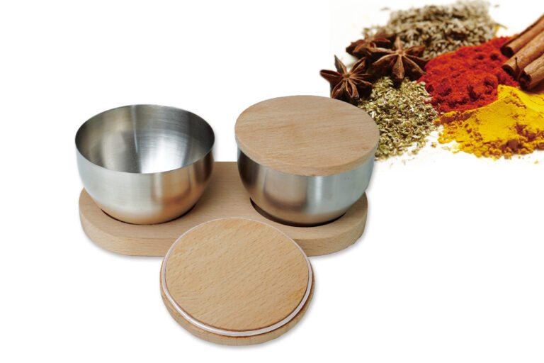 STAINLESS STEEL SPICE JAR WITH WOODEN LID and BASE