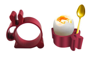 Rabbit napkin ring with egg cup function.
